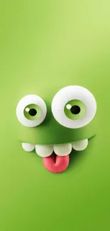 Playful green cartoon monster with big eyes and tongue out on a bright green background.