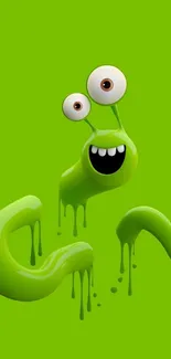 Smiling green slime monster with a playful expression on a vibrant lime background.