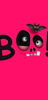 Playful 'Boo!' Halloween wallpaper on bright pink background.