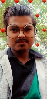 Person with glasses and heart filter in a green setting.