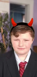 Boy in suit with red horns, playful mobile wallpaper.