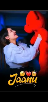 A young woman joyfully hugs a large red teddy bear.