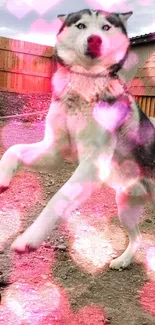 Playful Husky with heart bokeh effect.