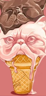 Cute pug faces on melting ice cream cone illustration.