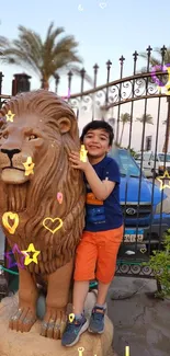 Child hugging lion statue with stars and hearts.