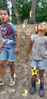 Two kids having fun in a magical forest with stars and moons.