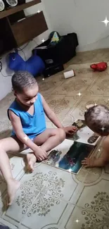 Two young children reading together on a patterned floor indoors.