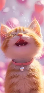 Playful kitten with pink background and joyful expression.