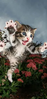 Playful kitten jumping in a colorful garden with blue sky backdrop.