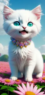 White kitten with blue eyes in a pink flower field.