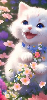 White kitten with flowers in a colorful garden-themed wallpaper.