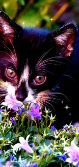 Curious black and white kitten among purple blossoms in a green garden.