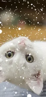 Adorable white kitten with snowflake effect, perfect mobile wallpaper.