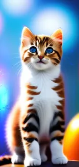 Cute tabby kitten with blue eyes in a colorful bokeh background.