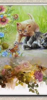 Playful kittens with flowers and butterflies in a soothing green garden.