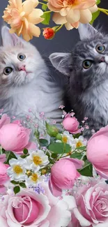 Two fluffy kittens with pink floral background.