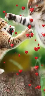 Playful kittens jumping with red hearts on a green backdrop.