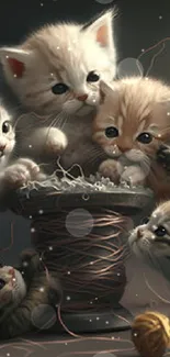 Cute kittens play with yarn in cozy wallpaper.