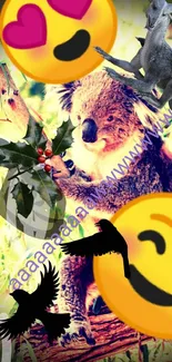 Koala with emojis and fantasy creatures, vibrant mobile wallpaper.