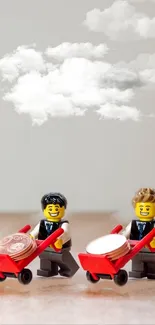 LEGO figures with wheelbarrows under fluffy clouds.