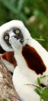 Lemur sitting on a tree with greenery.