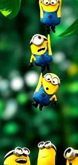 Colorful minions hanging playfully on a branch.