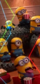 Minions enjoying a movie night with popcorn and neon lights wallpaper.