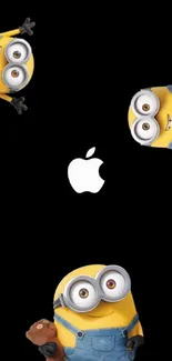 Minions and Apple logo on black wallpaper background.