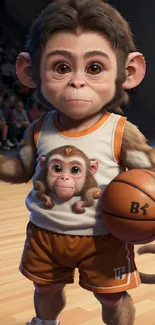 Cartoon monkey in basketball gear holding a ball on the court.