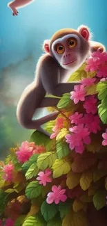 Playful monkey with pink flowers in a lush green jungle setting.