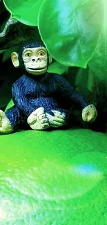 Playful monkey sitting on a vibrant green lemon with lush leaves.