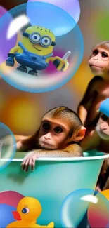 Playful monkeys with bubbles in a colorful wallpaper.