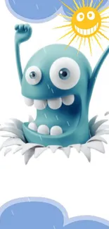 A cartoon blue monster with a smiling sun on unique wallpaper.