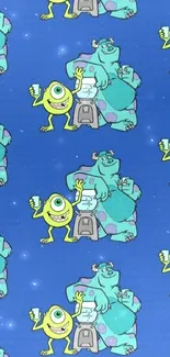 Cartoon monsters on blue wallpaper background.