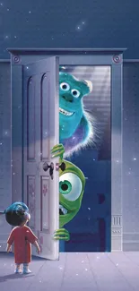 Playful monsters peeking through a door in a cartoon setting.