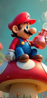 Animated character on a mushroom with a vibrant background