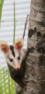 A curious opossum peeks from behind a tree trunk, surrounded by green foliage.