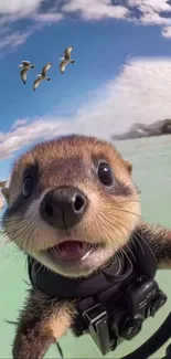 Playful otter with camera amidst birds and vibrant nature.