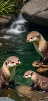 Three otters sitting on rocks by a waterfall.