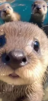 Playful otters swimming together in clear teal water, capturing their lively expressions.