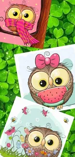 Cute owls on a green clover background wallpaper.