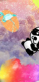 Playful panda with colorful clouds and whimsical creatures on a mobile wallpaper.