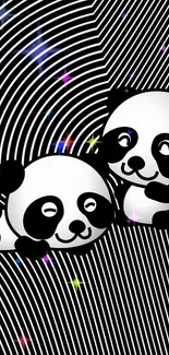 Cute pandas with a striped background and colorful stars.