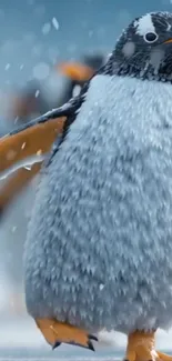 Fluffy penguin waddling in the snow.