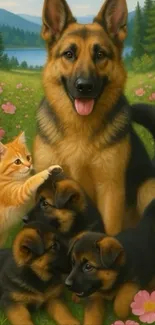 German Shepherd with puppies and kittens in a floral field.