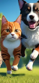 Animated cat and dog running in a sunny garden.