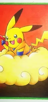 Pikachu sitting on a fluffy cloud with vibrant colors.