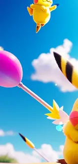 Colorful wallpaper of Pikachu flying with balloons in a bright blue sky.