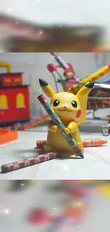 Pikachu holding colored pencils in vibrant setting.