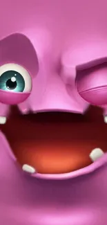 Playful pink cartoon monster with winking eye.